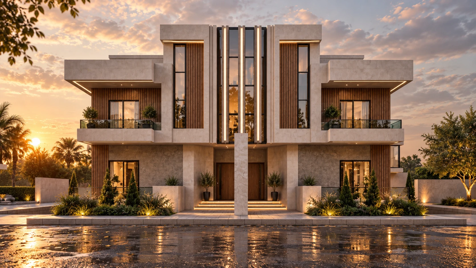Design visualization: Private villa exterior at sunset