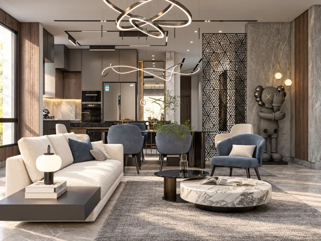تصور تصميمي: استقبال بفاصل هندسي ولمسات خضراء أو زرقاء