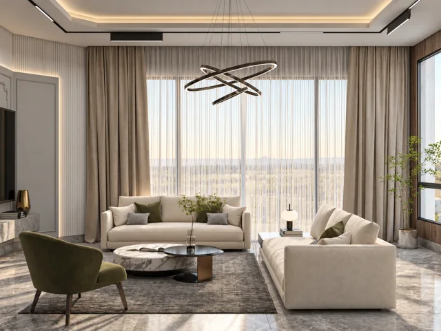 تصور تصميمي: استقبال بفاصل هندسي ولمسات خضراء أو زرقاء