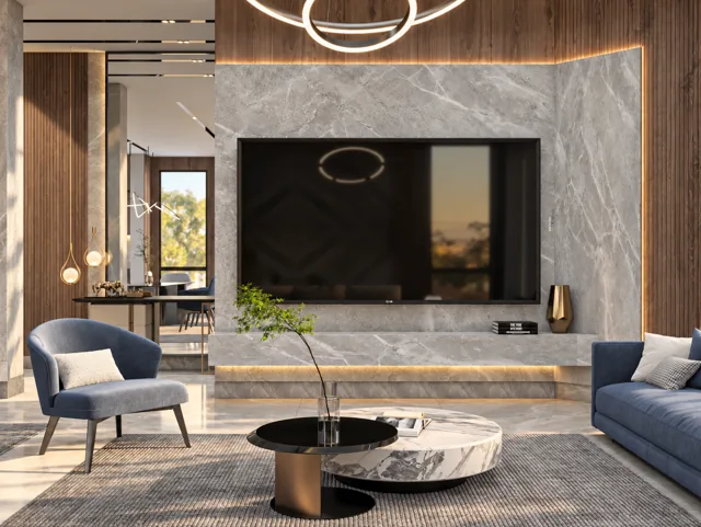تصور تصميمي: استقبال بفاصل هندسي ولمسات خضراء أو زرقاء